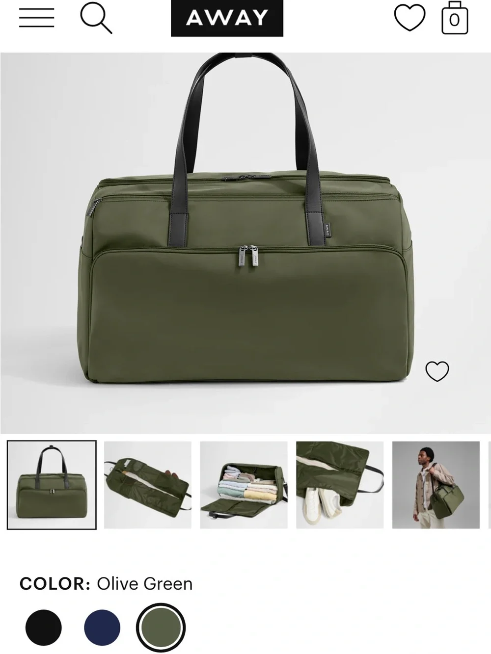 Away Olive Green Garment Duffel NWT